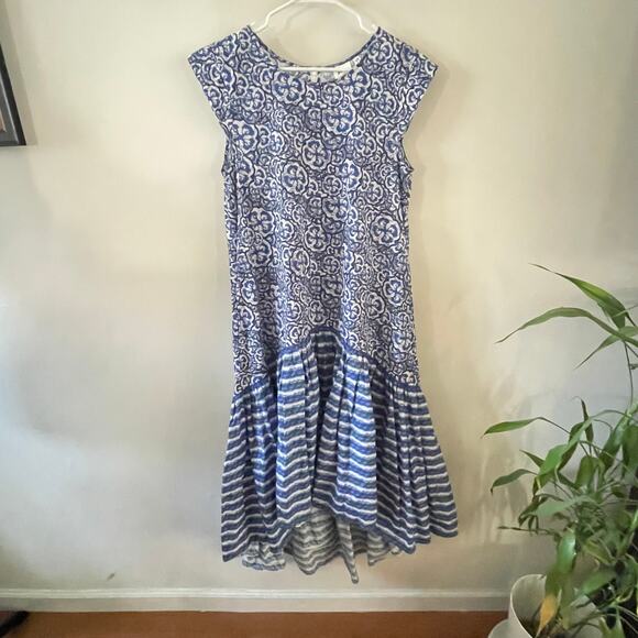 Mantsho H&M Designer High-Low Midi Dress 8 Blue White Floral Boho Artistic Maxi - Picture 1 of 8